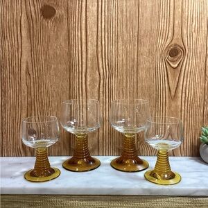 Vtg German Roemer Amber Bee Hive Ribbed Stemware Glasses set of 4